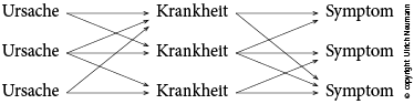 diverse Pfeile von beispielsweise
                 drei Ursachen zu drei Krankheiten und weiter zu drei Symptomen